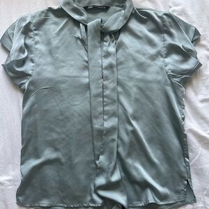 Zara Satin Tie-Neck Blouse - Soft Blue